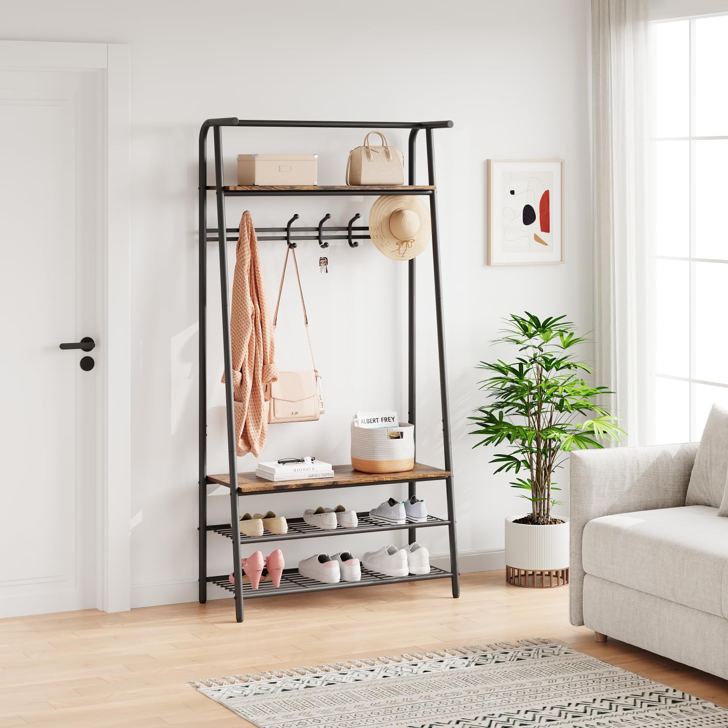 Appendiabiti e scarpiera Garvee 4 in 1 – Struttura in metallo effetto legno, 5 ganci e panca per corridoio e ingresso