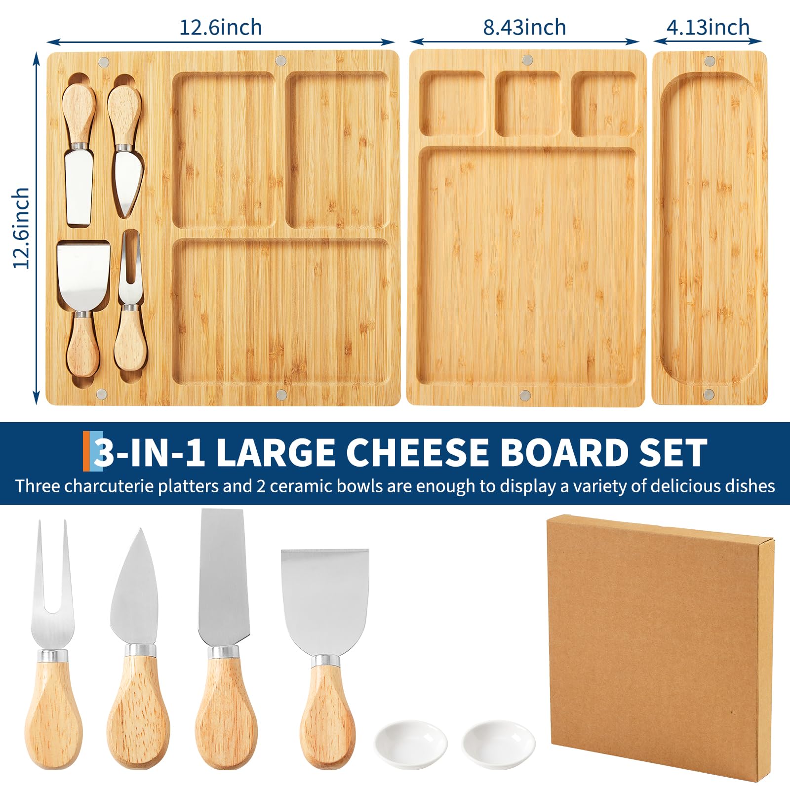 Set di taglieri per salumi in bambù 3 in 1 Garvee con coltello, grande 25,2"x12,6", magnetico, liscio, resistente, perfetto per feste e regali