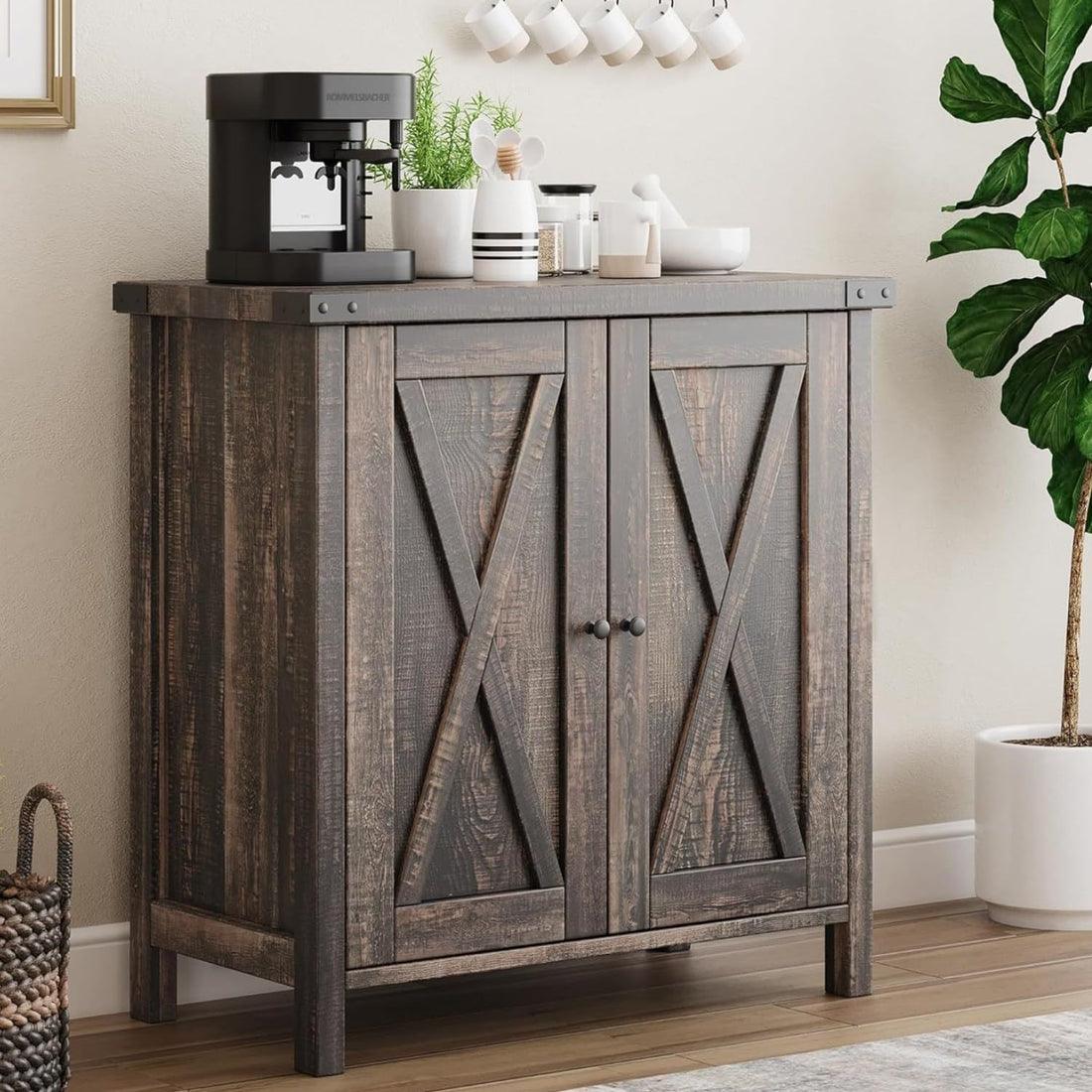 Garvee, piccolo mobiletto portaoggetti in stile rustico, credenza con 2 ante, ripiani regolabili, in legno MDF, robusto, per soggiorno e sala da pranzo, 30"x15,7"x31,5", marrone rustico