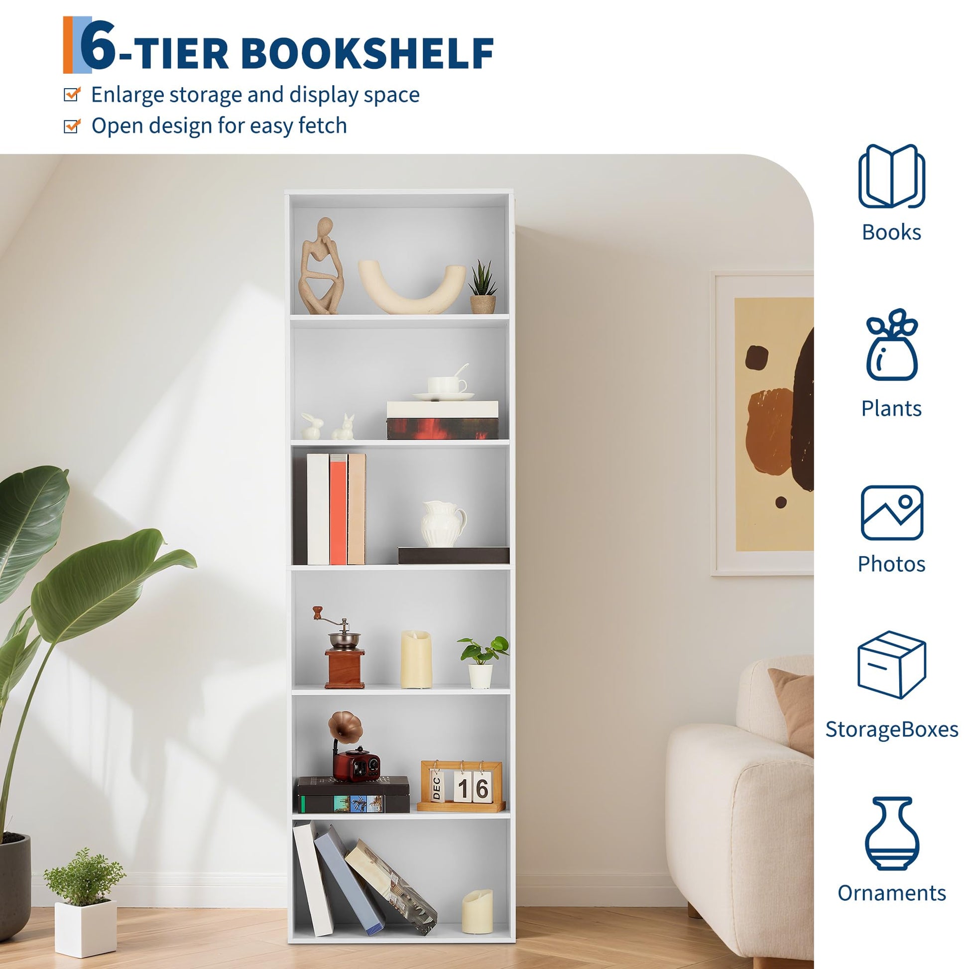 Libreria industriale Garvee a 6 ripiani bianca per soggiorno e ufficio, altezza 71,4" in legno rustico, capacità di 250 libbre, sicura e versatile.