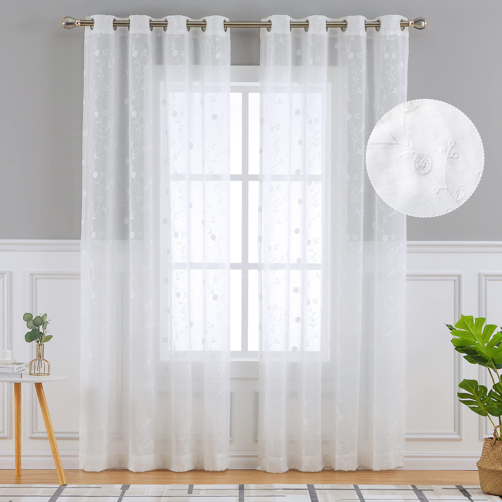 GARVEE Coppia di tende con occhielli, voile ricamato floreale bianco, poliestere trasparente leggero, per camera da letto e soggiorno, 132x183 cm
