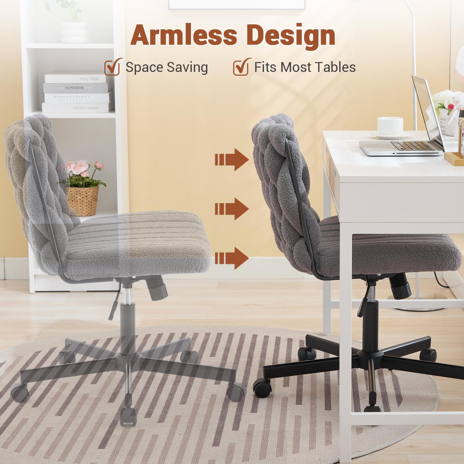 Sedia da ufficio Garvee Criss Cross con rotelle, seduta ampia, girevole a 360°, struttura in metallo, senza braccioli, design moderno per ufficio domestico e toeletta, 26 pollici, nero