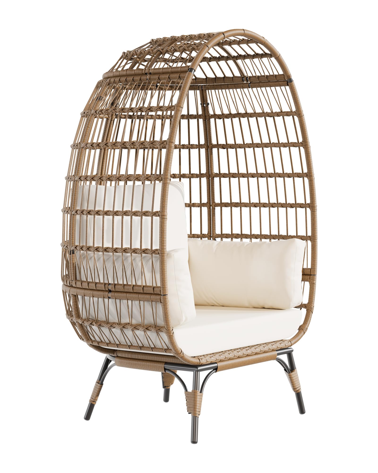 Sedia a forma di uovo in vimini Garvee Oversize da esterno con struttura in acciaio, ergonomica, resistente alle intemperie, per terrazza/soggiorno, compatta, elegante, in rattan resistente ai raggi UV, 4 cuscini