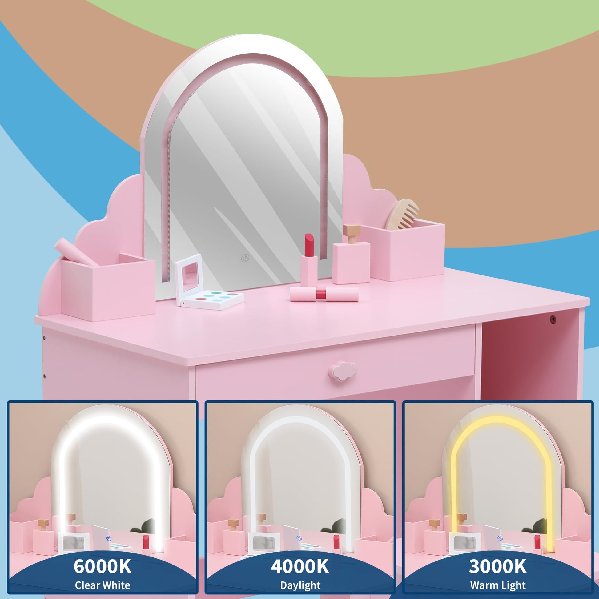 Garvee Kids Vanity con specchio illuminato 2 in 1, toletta e sgabello per bambine dai 3 ai 9 anni, camera da letto, sala giochi, bianco