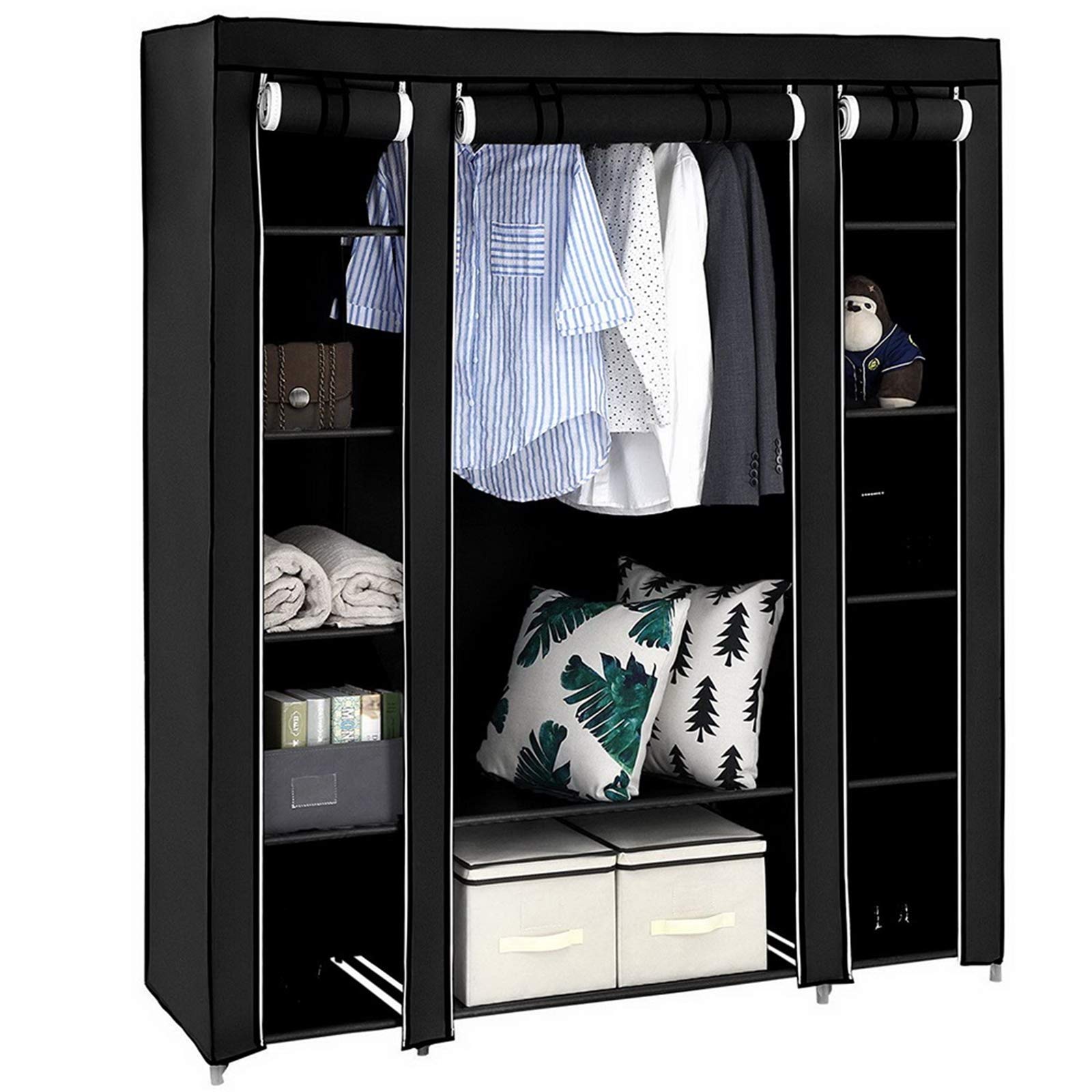 Armadio portatile in tessuto Garvee, pieghevole con coperchio, ganci e divisori per uso domestico, 147x44x174 cm, copertura antipolvere