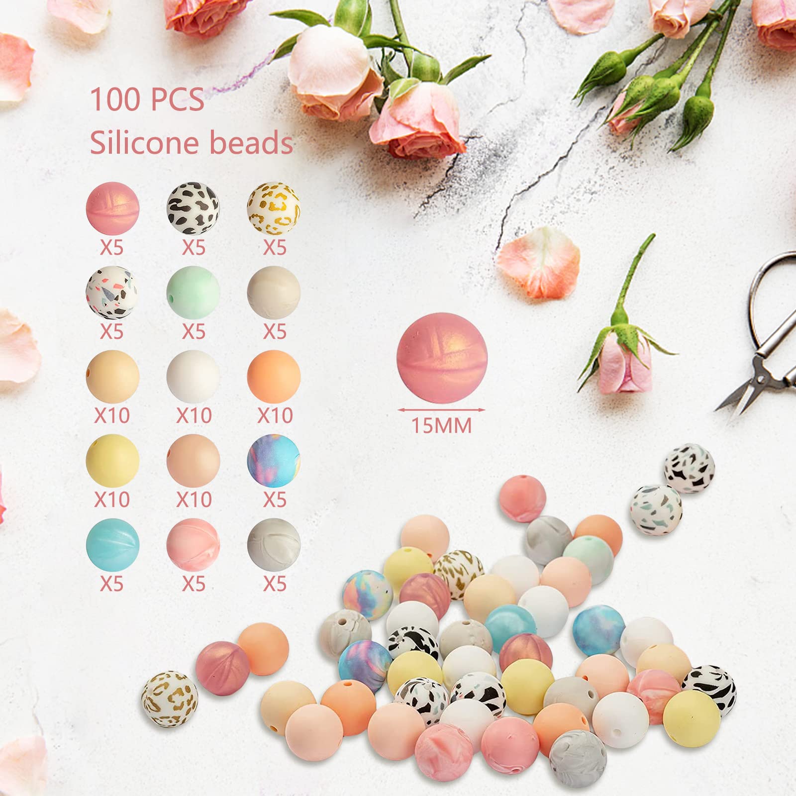 Garvee 100 pezzi di perline in silicone da 15 mm rotonde colorate per la creazione di gioielli fai da te, portachiavi, collane, braccialetti