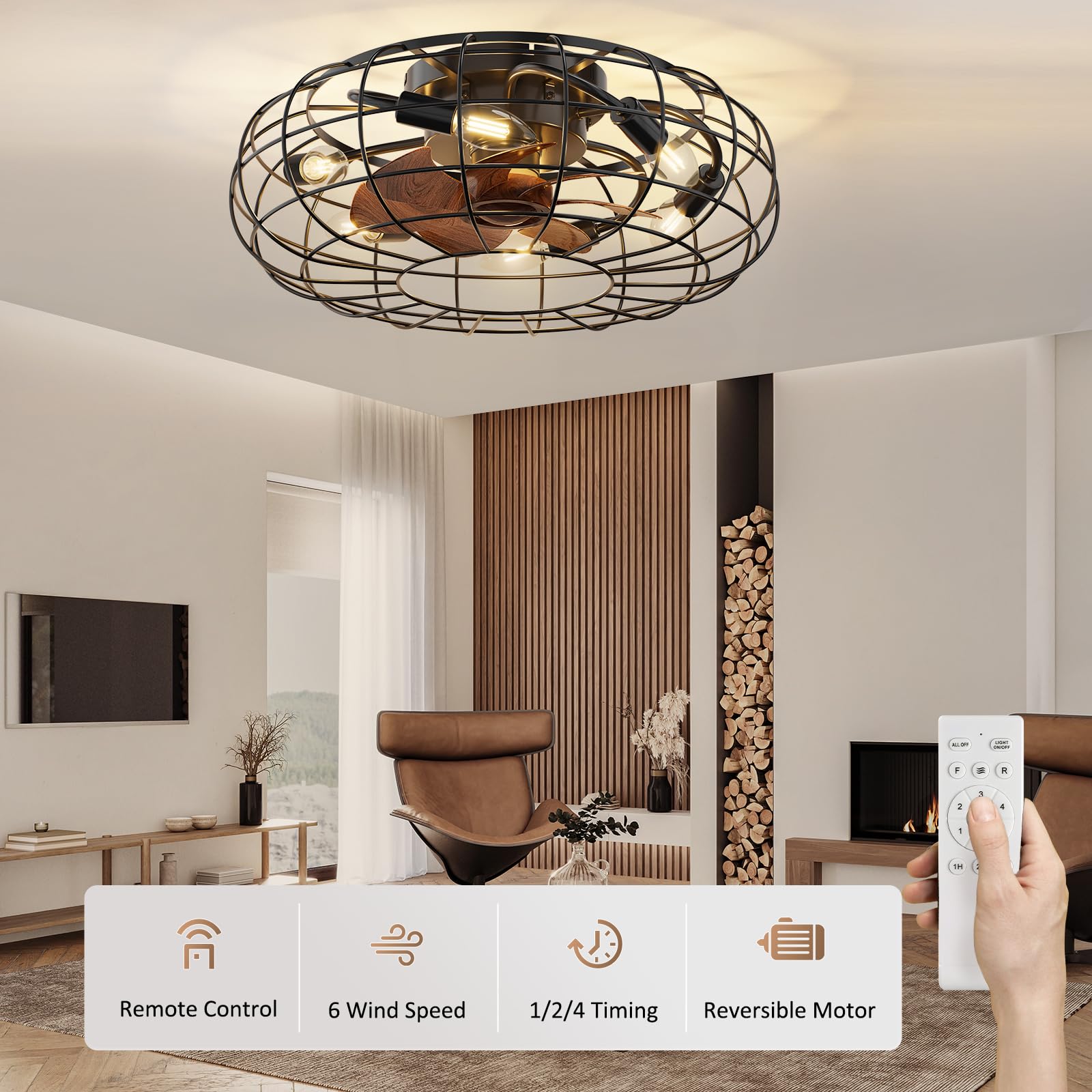 Ventilatore da soffitto retrò GARVEE con luce e telecomando, 6 velocità di ventilazione regolabili, lampada con ventola da 50 cm per soggiorno e camera da letto, timer, 7 pale, 6 lampadine E14 (non incluse)