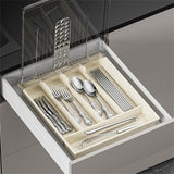 Garvee Organizzatore Per Posate Con Coperchio Trasparente - 5 Scomparti Separati - Plastica PP E PET Resistente - Cucina E Ufficio - 28,5 Cm - Design Compatto Antipolvere - Milky White Base+Clear Gold