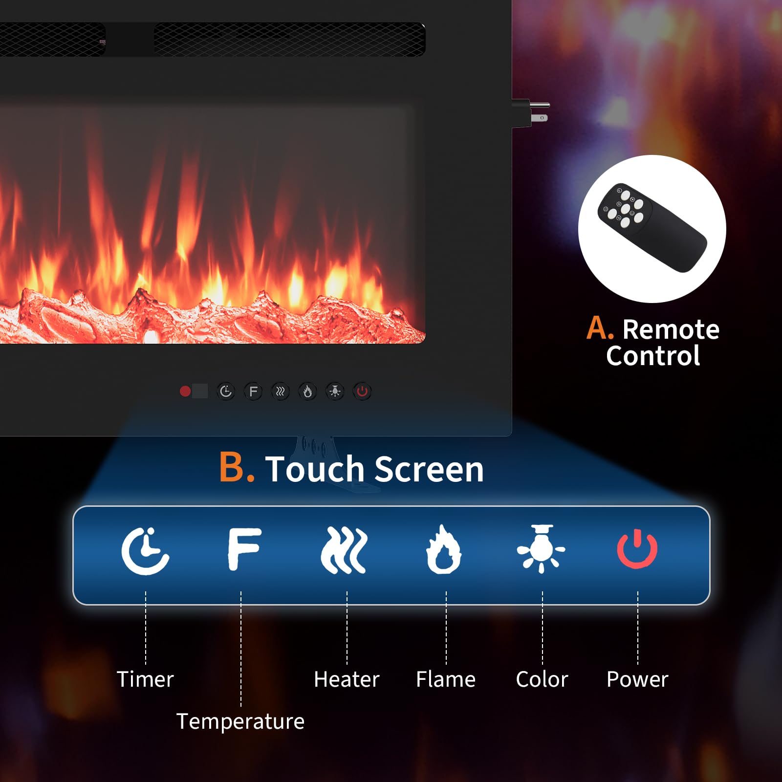 Camino elettrico Garvee, ultrapiatto, da parete, possibilità di installazione a incasso, con telecomando, riscaldatore da 1800 W, 12 colori, timer fino a 12 ore, certificato ETL per 37 m², design moderno, frontale in vetro e aspetto legno/cristallo