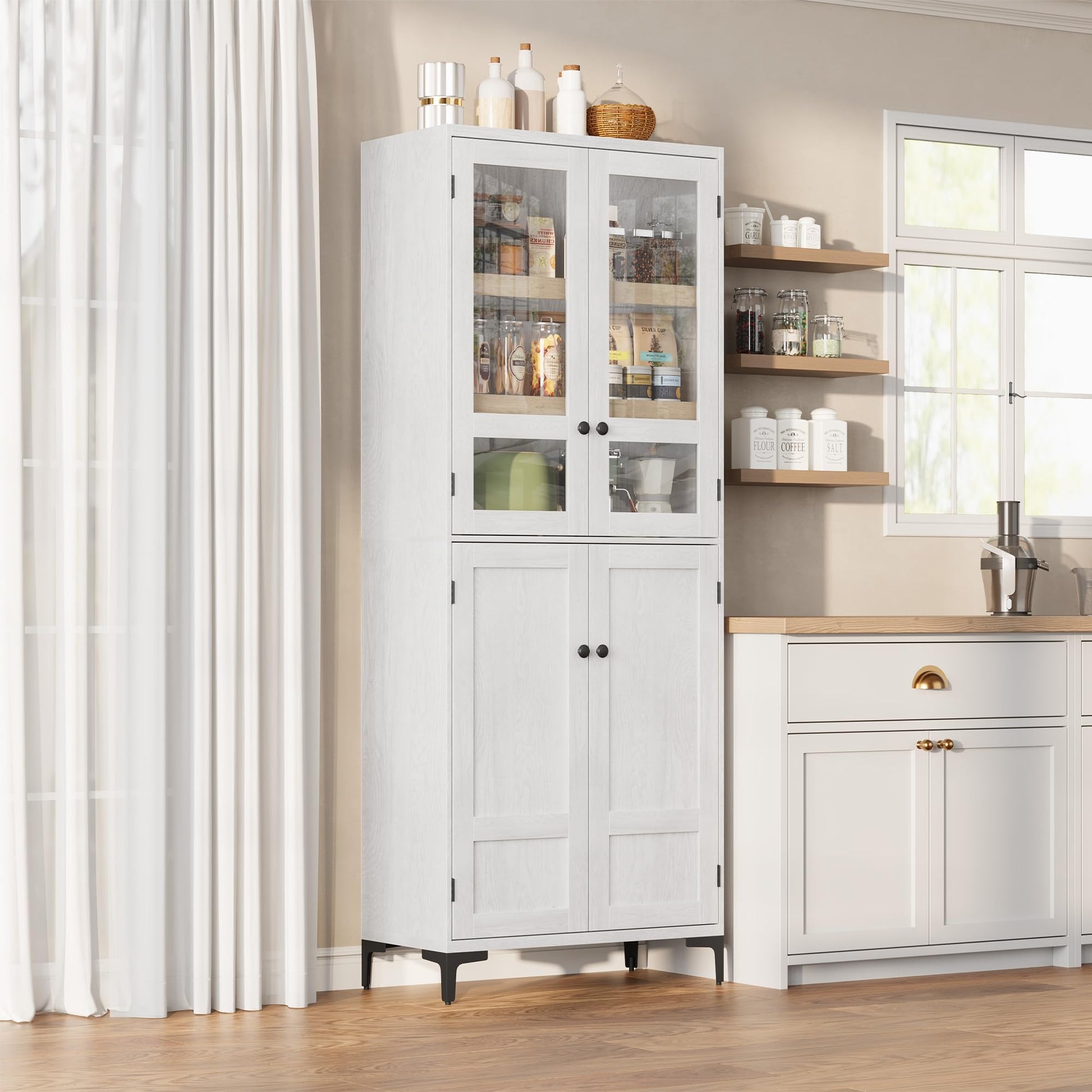 Mobile dispensa da cucina Garvee alto 180 cm con ante in vetro, 4 ante, 5 ripiani regolabili, in legno, per cucina e bagno, chiusura magnetica, indipendente, design moderno