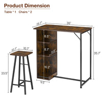 Set tavolo e sedie da bar Garvee, 3 pezzi, marrone rustico con spazio di archiviazione, altezza regolabile, per cucina/angolo colazione, MDF/acciaio