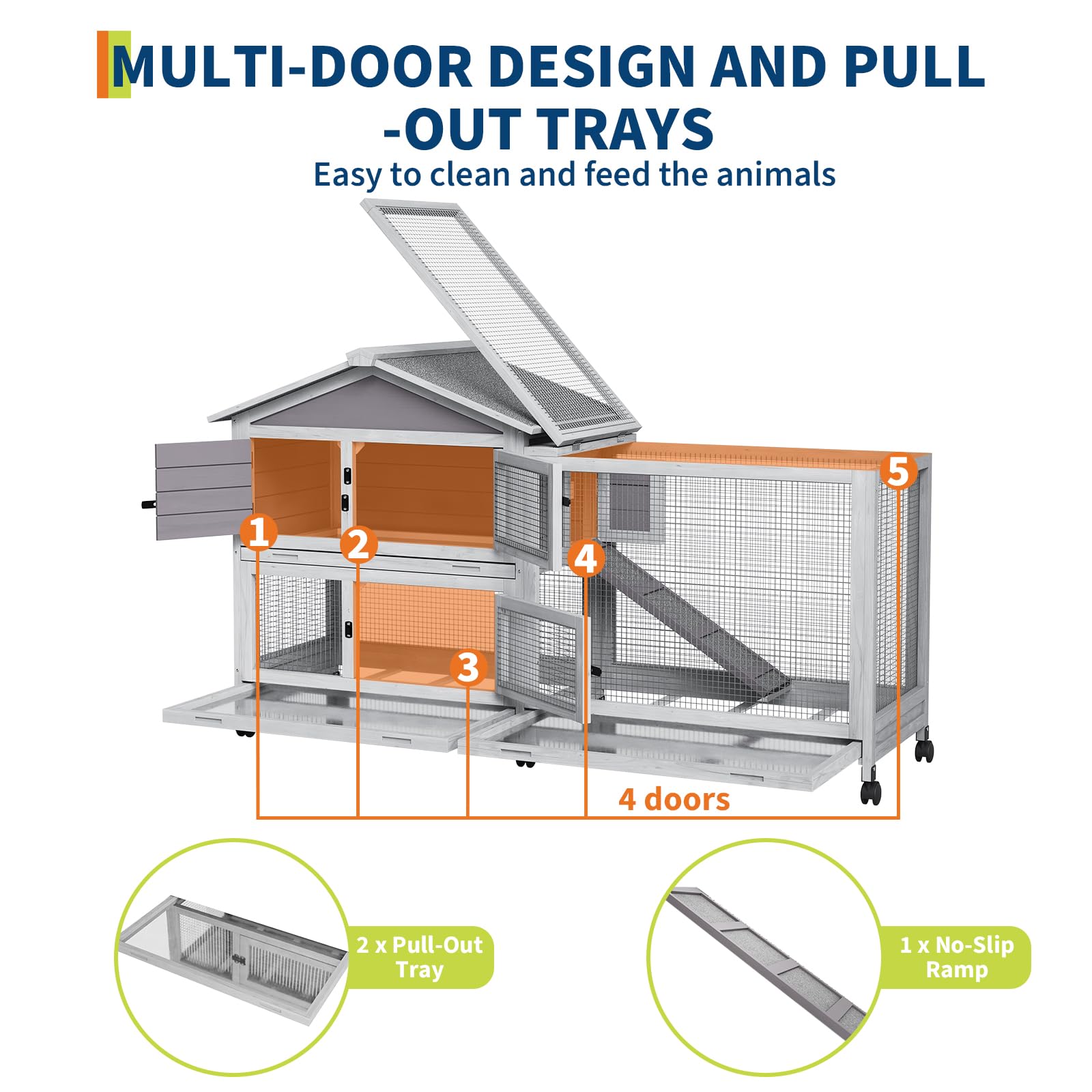 Conigliera Garvee con tetto in asfalto, ruote e cassetto per uso interno ed esterno, resistente alle intemperie, metallo-legno, mobile