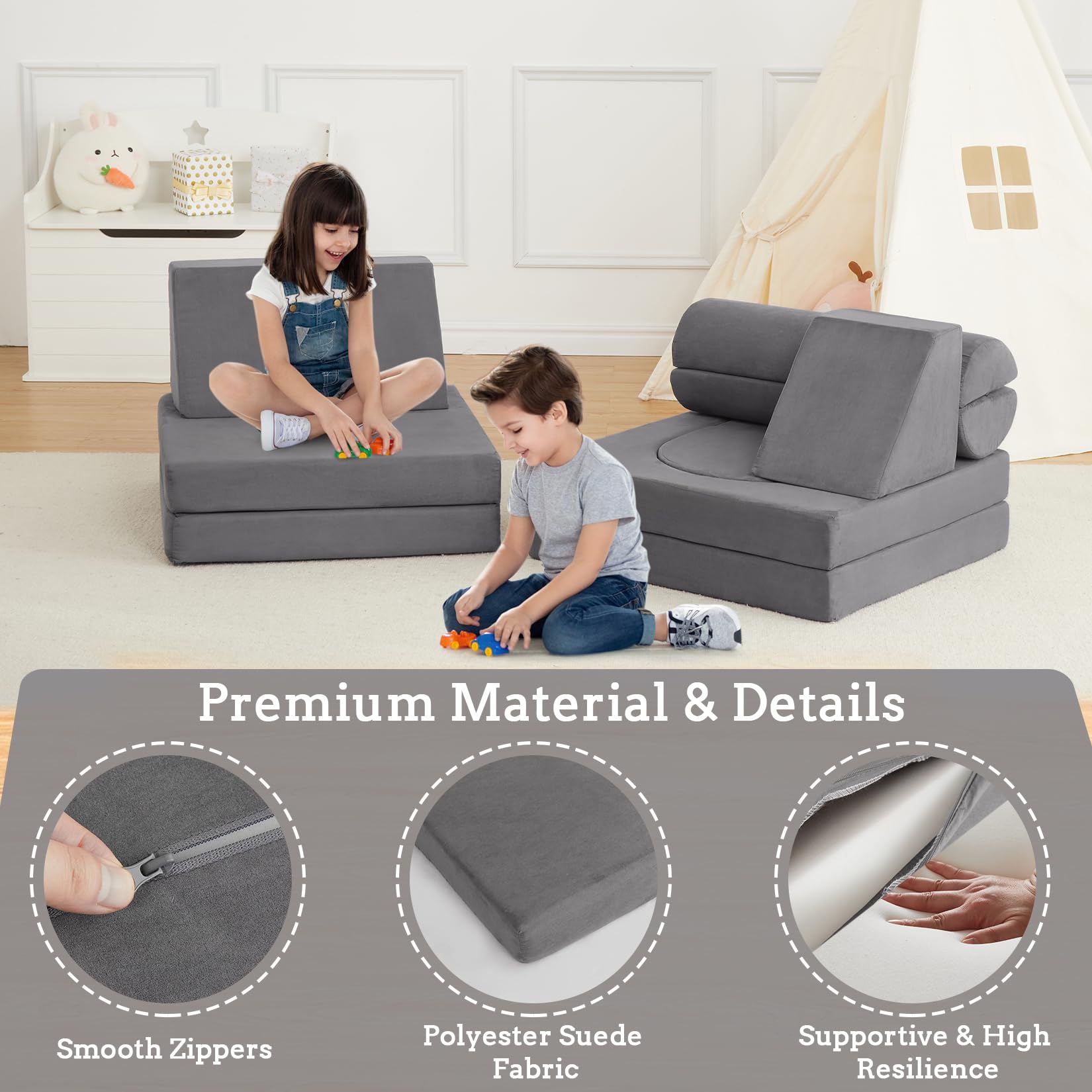 Divano modulare per bambini Garvee 10 pezzi, divano trasformabile in schiuma, microsuede di lusso, grigio scuro, gioco creativo nella cameretta dei bambini