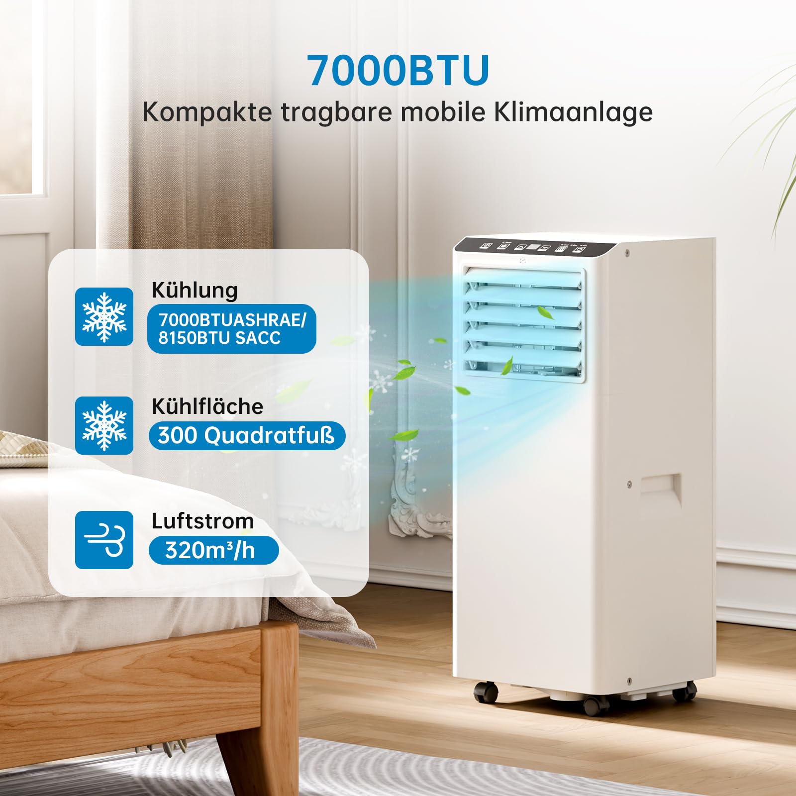 Condizionatore portatile Garvee 7000 BTU 4 in 1 Raffreddamento e deumidificazione con telecomando per camera da letto e ufficio, compatto, silenzioso, bianco