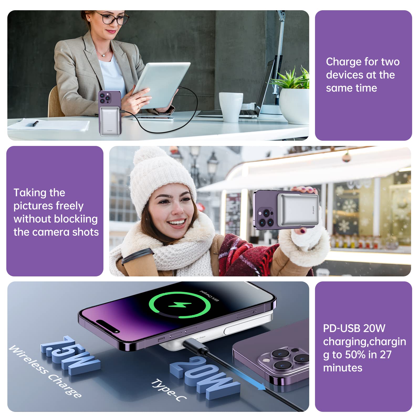 Caricabatterie portatile wireless Garvee da 10000 mAh, magnetico, 20 W, PD, ricarica rapida, supporto in metallo, leggero, compatibile con iPhone 12-15 da viaggio