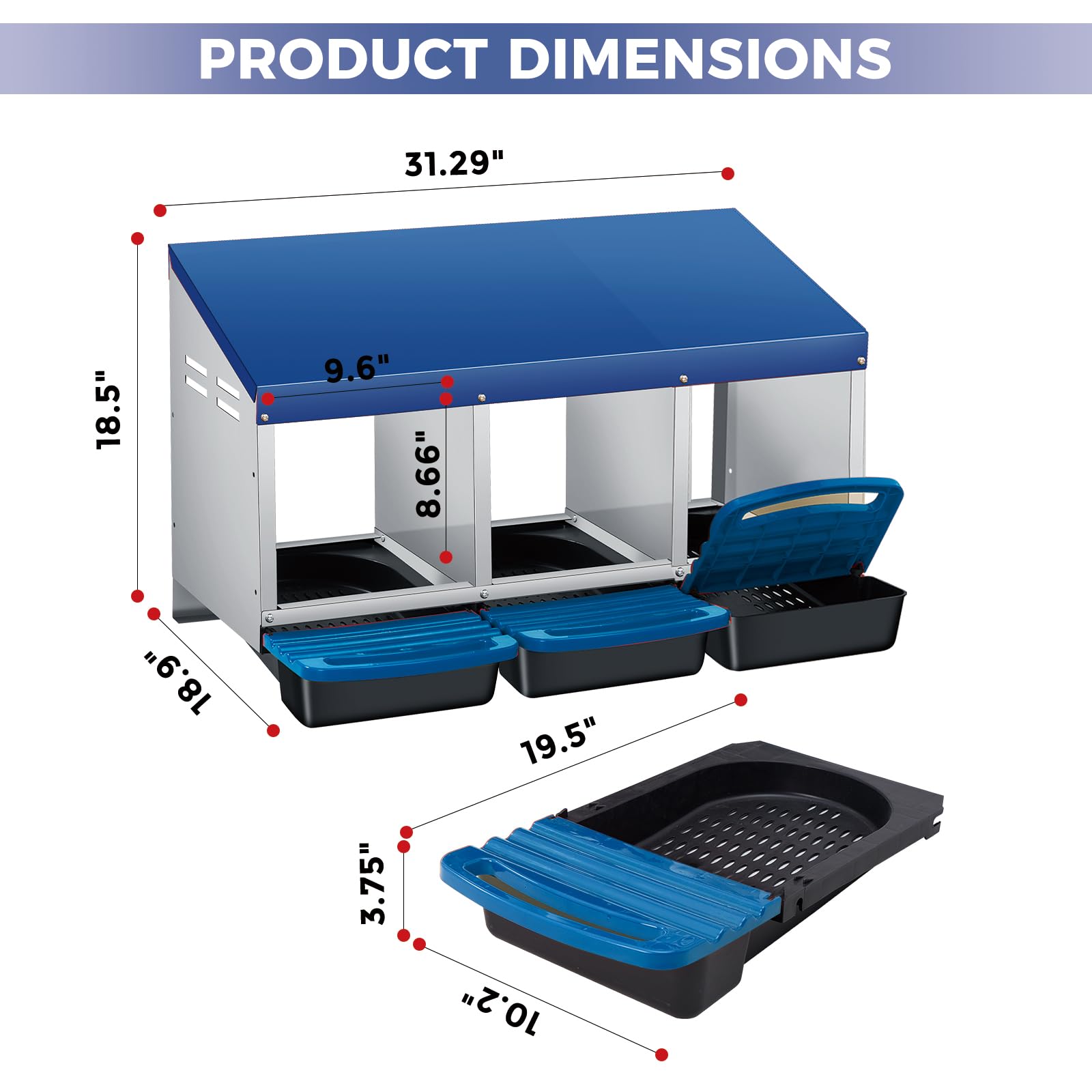 Nido per polli Garvee a 3 fori, in metallo, antiruggine, vassoio rimovibile per pollaio, fattoria