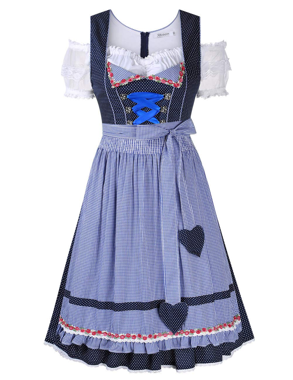 Abito tradizionale Dirndl da donna Garvee, corto con ricami, per l'Oktoberfest, set da tre pezzi, a pois, blu scuro, taglia 34