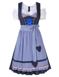 Abito tradizionale Dirndl da donna Garvee, corto con ricami, per l'Oktoberfest, set da tre pezzi, a pois, blu scuro, taglia 34