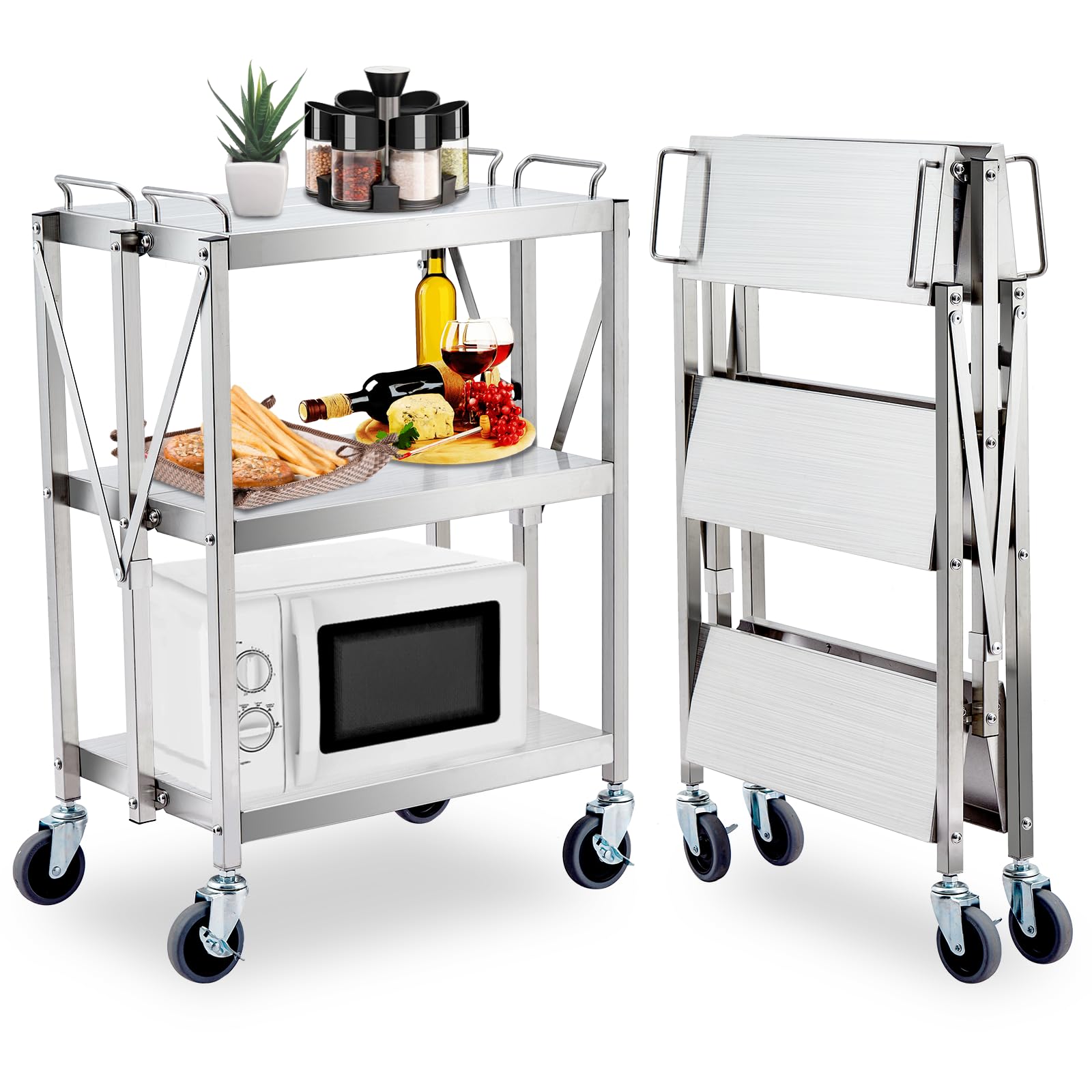 Carrello di servizio pieghevole in acciaio inox – Portatile, 3 ripiani, con freno, capacità di carico 440 libbre, argento