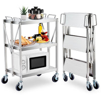 Carrello di servizio pieghevole in acciaio inox – Portatile, 3 ripiani, con freno, capacità di carico 440 libbre, argento