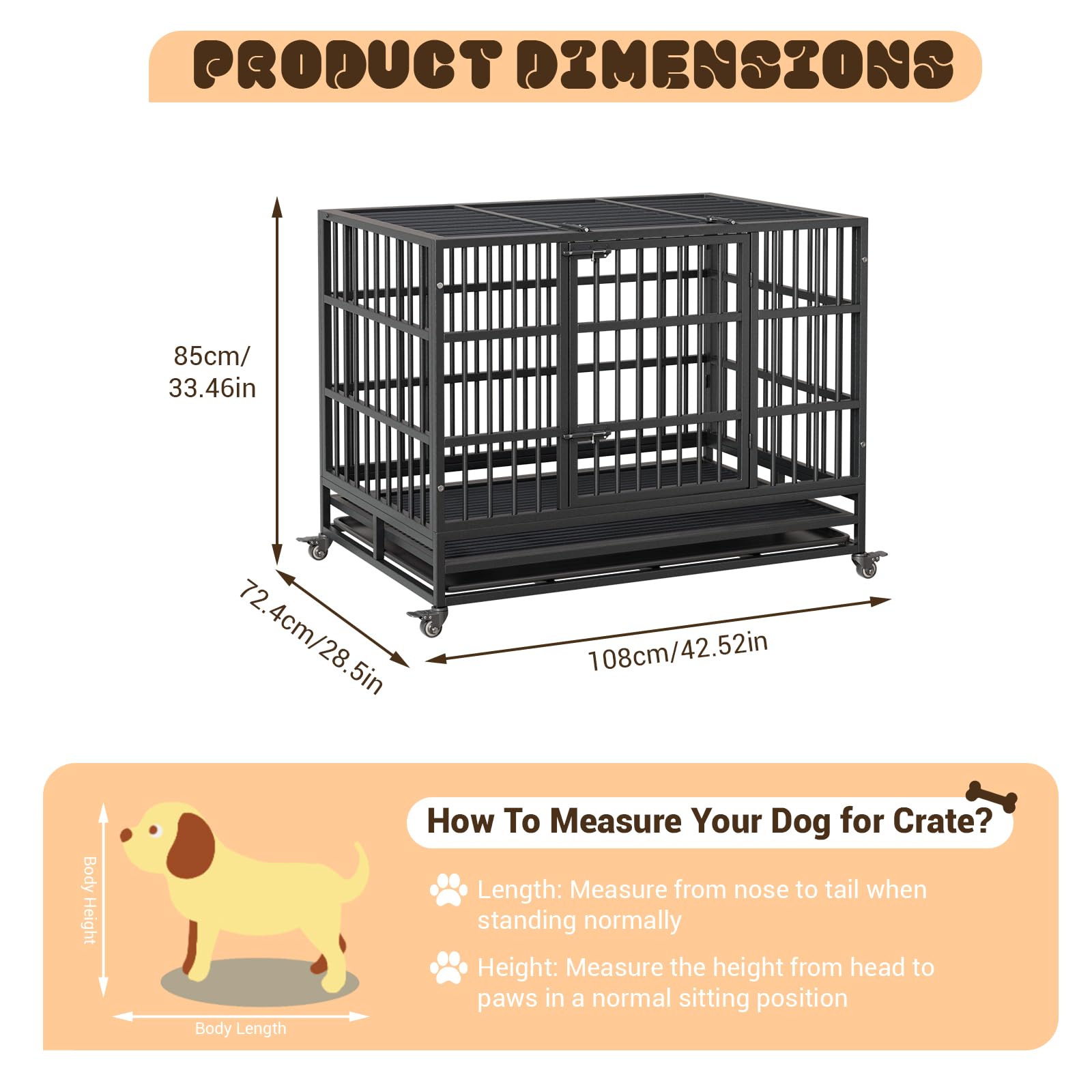 Garvee Heavy Duty Dog Crate da 42,5 pollici con doppie porte, ruote girevoli a 360°, metallo, vassoio rimovibile, pieghevole, per cani di piccola e grande taglia, per interni
