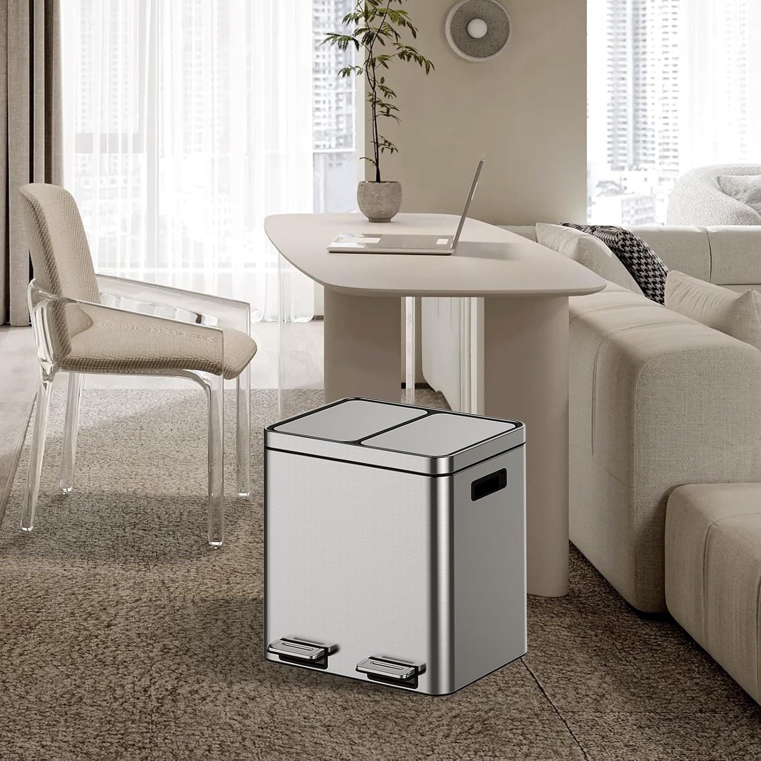 Pattumiera doppia Garvee 2x15L in acciaio inox con coperchio a chiusura ammortizzata e pedale per la raccolta differenziata dei rifiuti da cucina