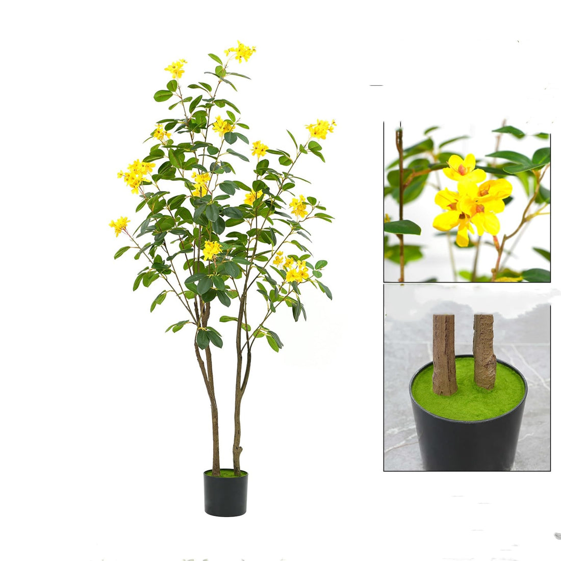 Albero di fiori artificiali Garvee da 152.4 cm con fiori gialli realistici, robusto vaso di cemento per giardino e matrimonio, facile da pulire, flessibile e modellabile