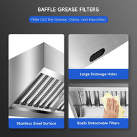 Cappa aspirante commerciale Garvee da 6 piedi in acciaio inossidabile 201 antiruggine con 3 filtri di olio rimovibili per cucina e food truck, montaggio a parete, staffa triangolare