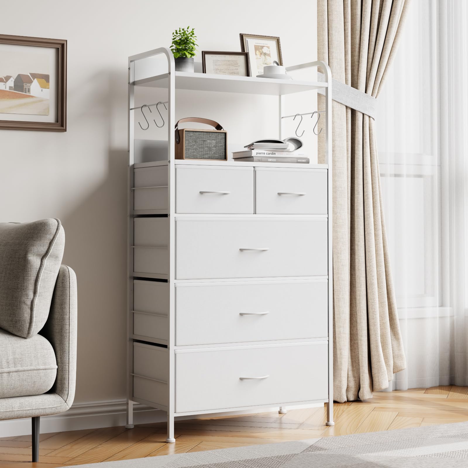 Cassettiera Garvee con 5 cassetti, frontale in tessuto, struttura in metallo, piano in legno, per camera da letto e corridoio, robusta, grigia