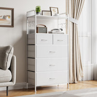 Cassettiera Garvee con 5 cassetti, frontale in tessuto, struttura in metallo, piano in legno, per camera da letto e corridoio, robusta, grigia