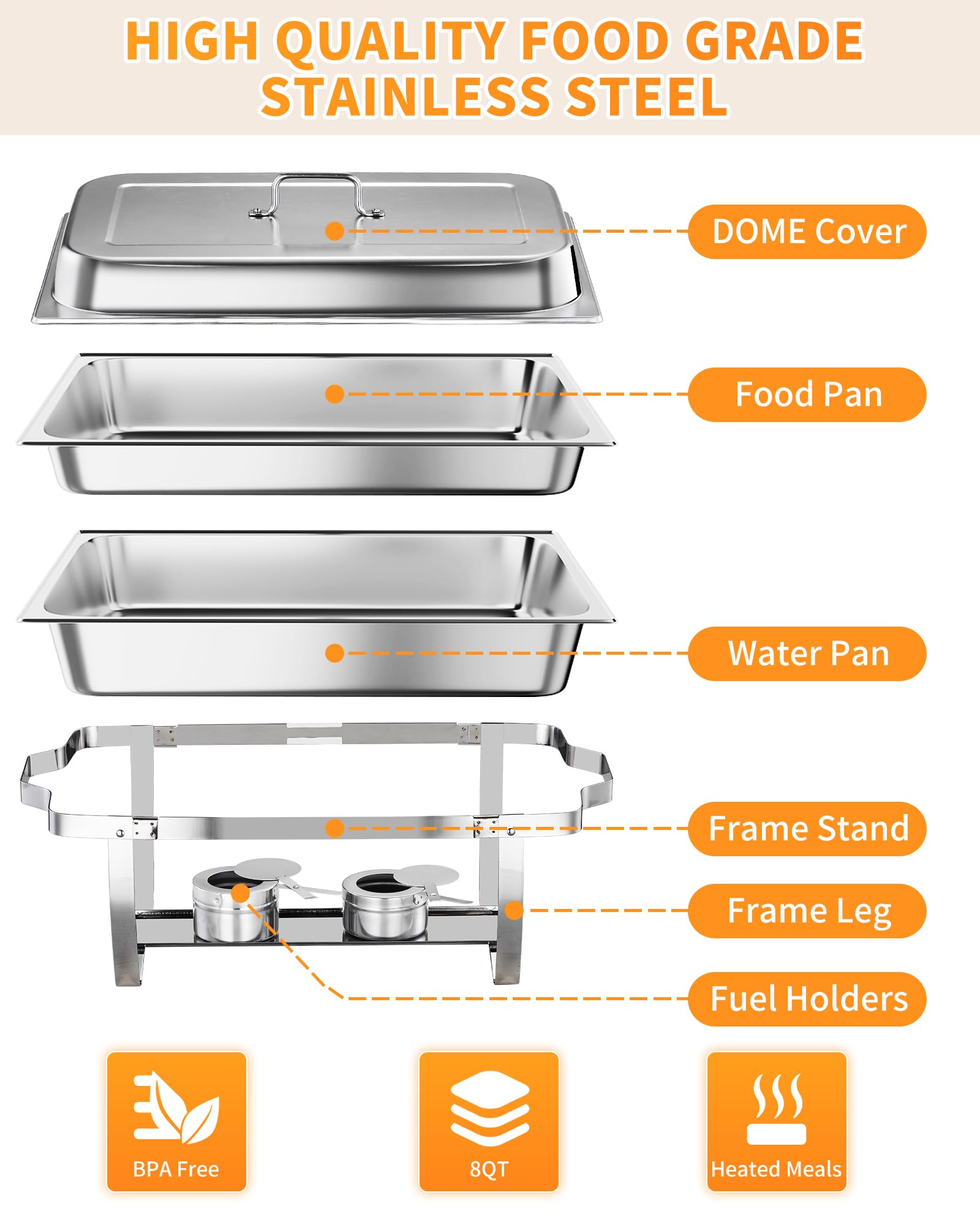 Garvee Chafing Dish Buffet Set 4x8Qt Acciaio Inox Antiruggine Funzione di Riscaldamento Telaio Pieghevole per Matrimoni e Banchetti Argento