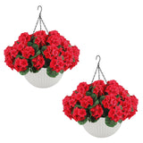 Set fiori artificiali di Geranio da Esterno Garvee - 2 cesti appesi con 12 fiori rossi per giardino, patio, Natale, resistenti a tutte le temperature e ai raggi UV, in plastica - Vaso di fiori bianchi