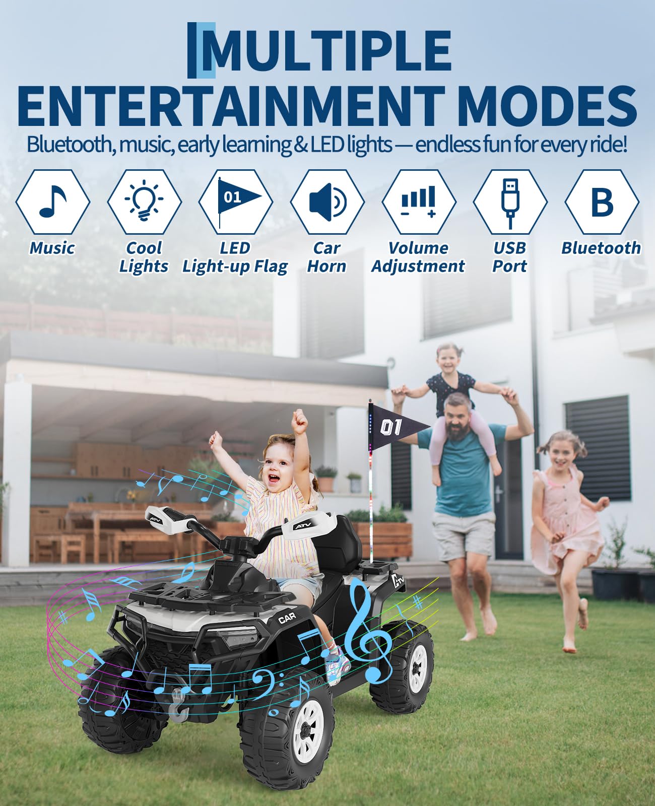 Quad elettrico per bambini Garvee 12V, colore argento, con telecomando, musica a LED per guida fuoristrada, dai 3 anni in su