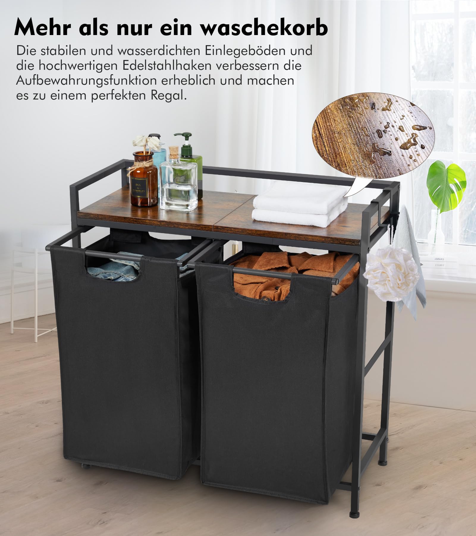 Garvee Cesto portabiancheria con 2 scomparti, sacchetti rimovibili, struttura in metallo, per bagno e camera da letto, 73x30x74 cm, nero