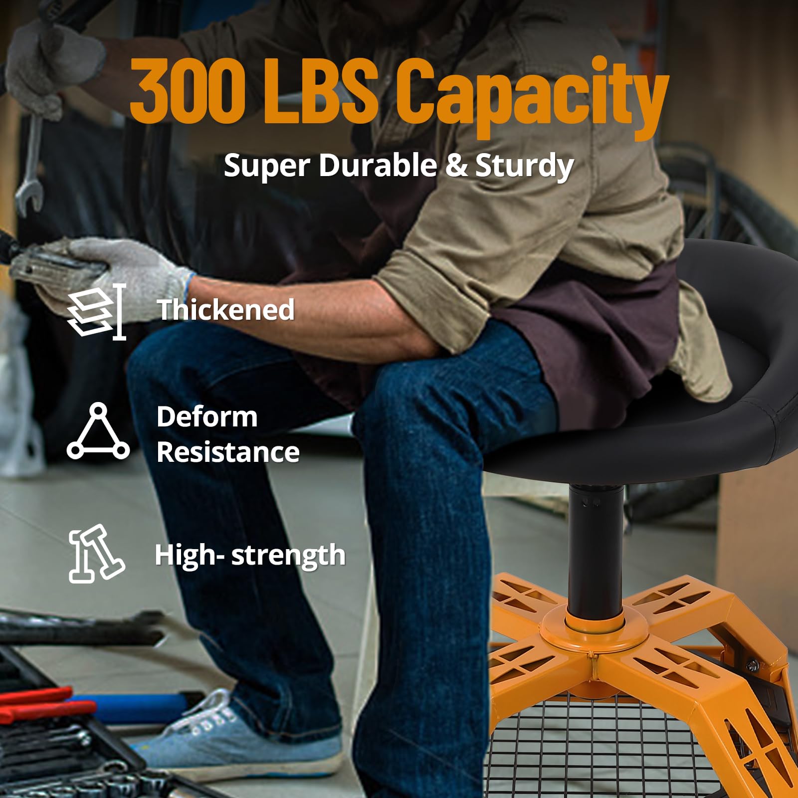 Sgabello da officina Garvee in metallo resistente con altezza regolabile, ruote girevoli a 360°, imbottitura in schiuma, struttura in acciaio per riparazione auto, nero