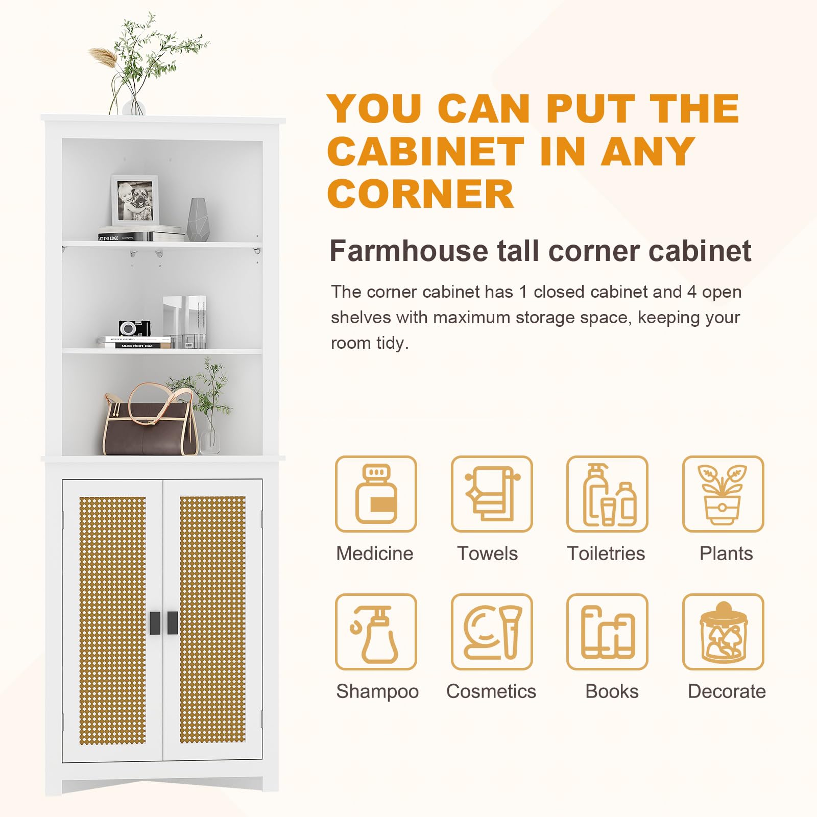 Mobiletto angolare Garvee Farmhouse da 64" di altezza con 6 ripiani e 2 ante a battente, ripiano regolabile, bianco, per soggiorno e bagno, legno, resistente all'umidità, antiribaltamento