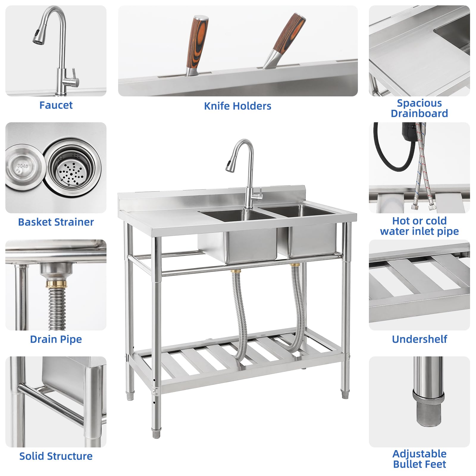 Lavello Commerciale Indipendente Garvee Fatturabile, 2 Vasche + Scolapiatti, Acciaio Inox, Rubinetto Girevole 360°, 105.6 x 51.0 x 37.0 cm , Argento per Ristoranti e Garage