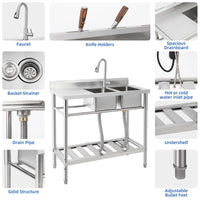 Lavello Commerciale Indipendente Garvee Fatturabile, 2 Vasche + Scolapiatti, Acciaio Inox, Rubinetto Girevole 360°, 105.6 x 51.0 x 37.0 cm , Argento per Ristoranti e Garage