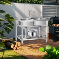 Lavello di servizio in acciaio inossidabile Garvee con rubinetto, doppia vasca, piedini regolabili, ripiano per cucina e giardino