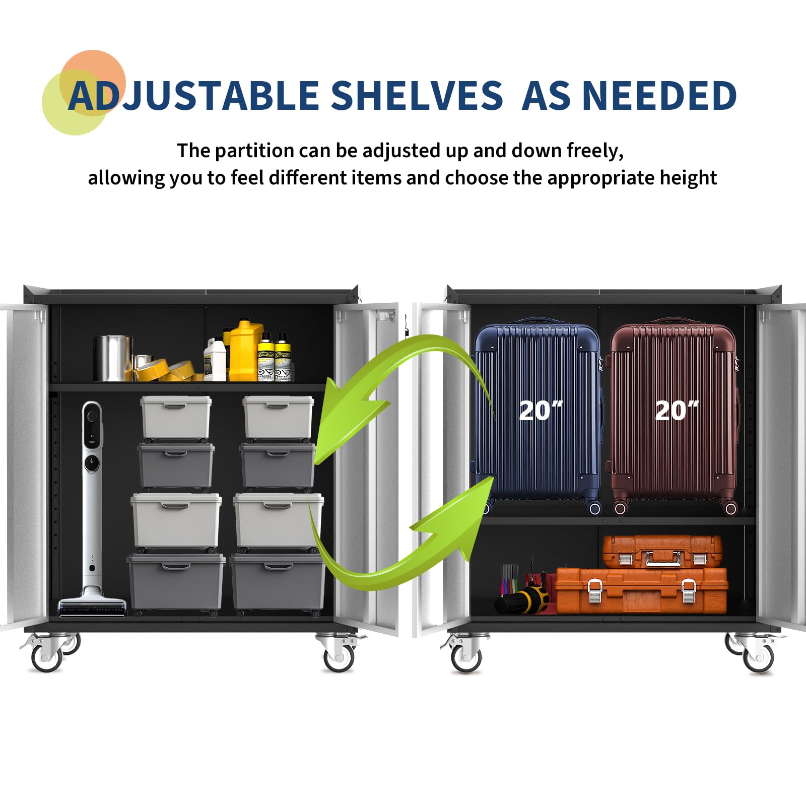 Armadio portaoggetti per garage Garvee Heavy Duty con ruote, ripiani regolabili, porte con serratura, acciaio antiruggine, mobile, sicuro, officina, ufficio