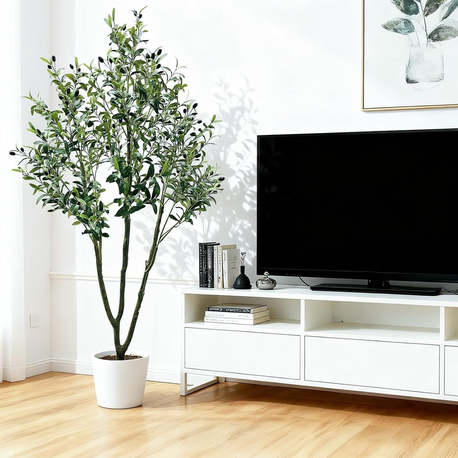 Albero di ulivo nero artificiale Garvee da 7 piedi con vaso per soggiorno e ufficio, tronco flessibile in filo metallico, poliestere, vaso bianco