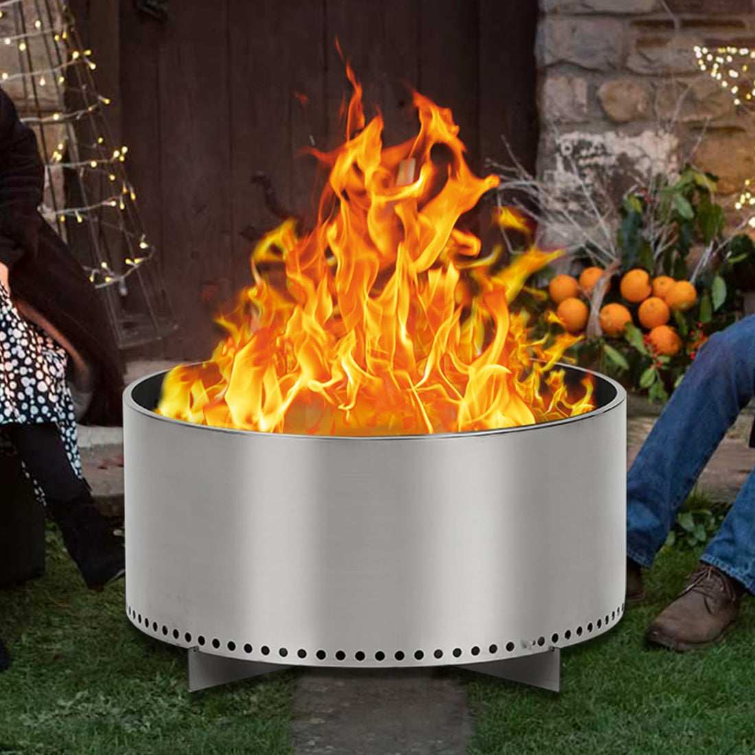 Braciere da 69 cm senza fumo – braciere in acciaio inox con piastra raccogli cenere rimovibile e manici per giardino e terrazza