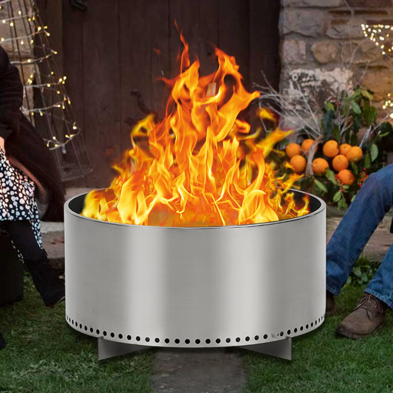 Braciere da 69 cm senza fumo – braciere in acciaio inox con piastra raccogli cenere rimovibile e manici per giardino e terrazza