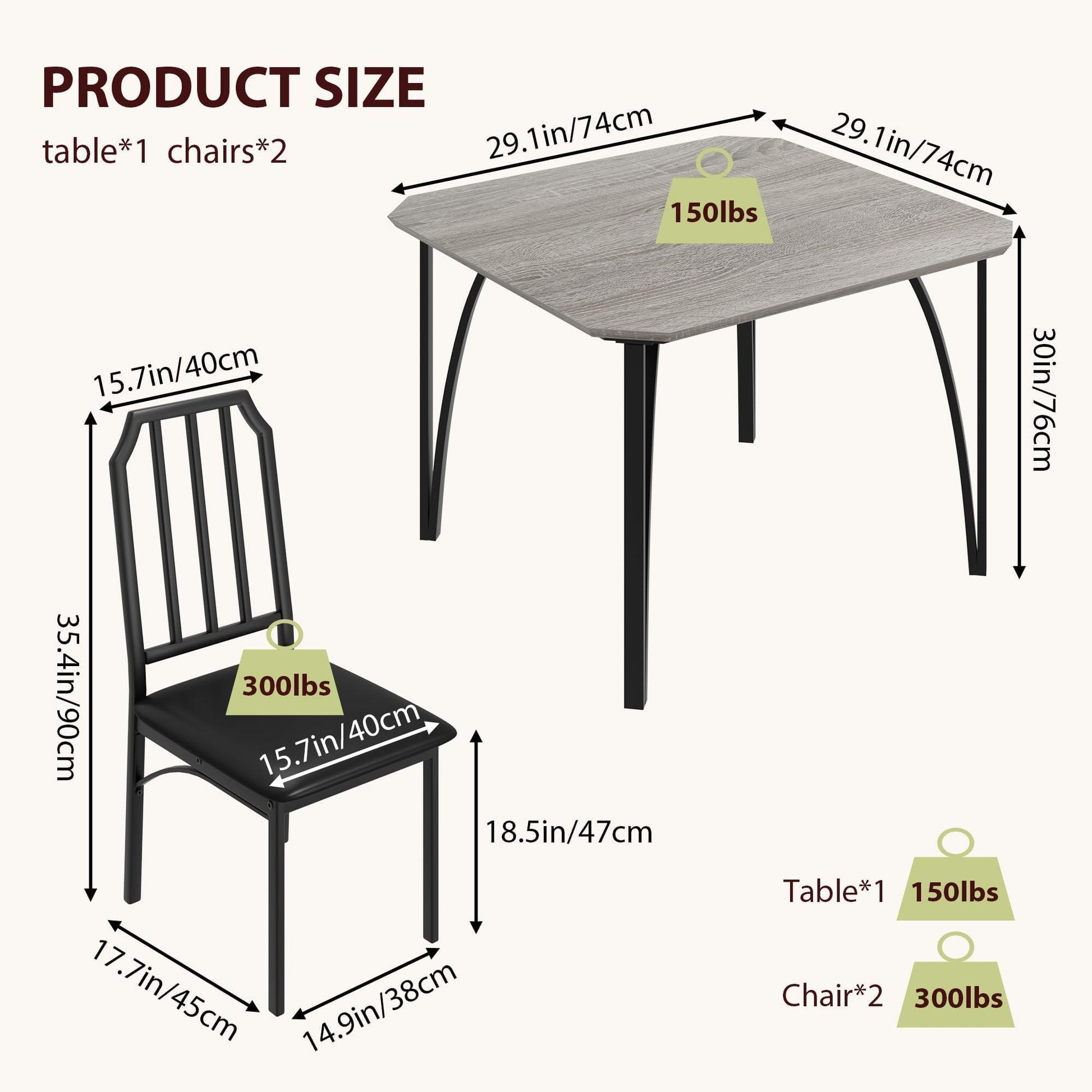 Garvee Set Tavolo Da Pranzo Per 2 Persone Con Sedie Imbottite In PU, Design Smussato, Salvaspazio, Grigio, Dimensioni Compatte