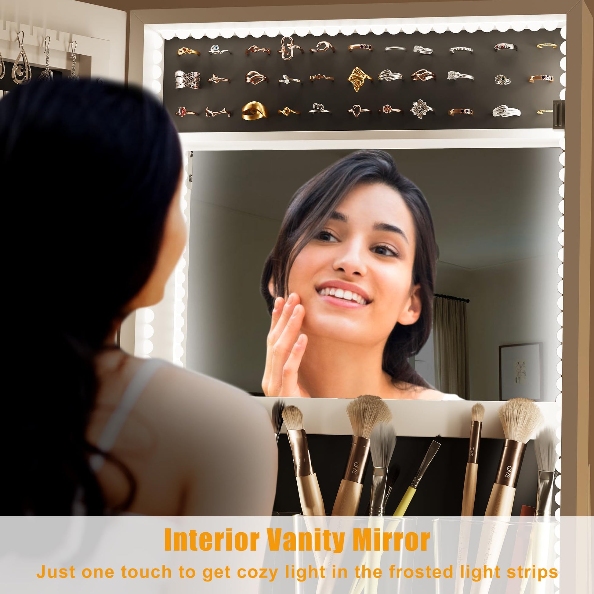 Mobiletto portagioie girevole a 360° Garvee con luci a LED, specchio per il trucco, specchio intero, rivestimento in velluto, bloccabile, con ruote, bianco - Ideale per camere da letto