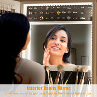 Mobiletto portagioie girevole a 360° Garvee con luci a LED, specchio per il trucco, specchio intero, rivestimento in velluto, bloccabile, con ruote, bianco - Ideale per camere da letto