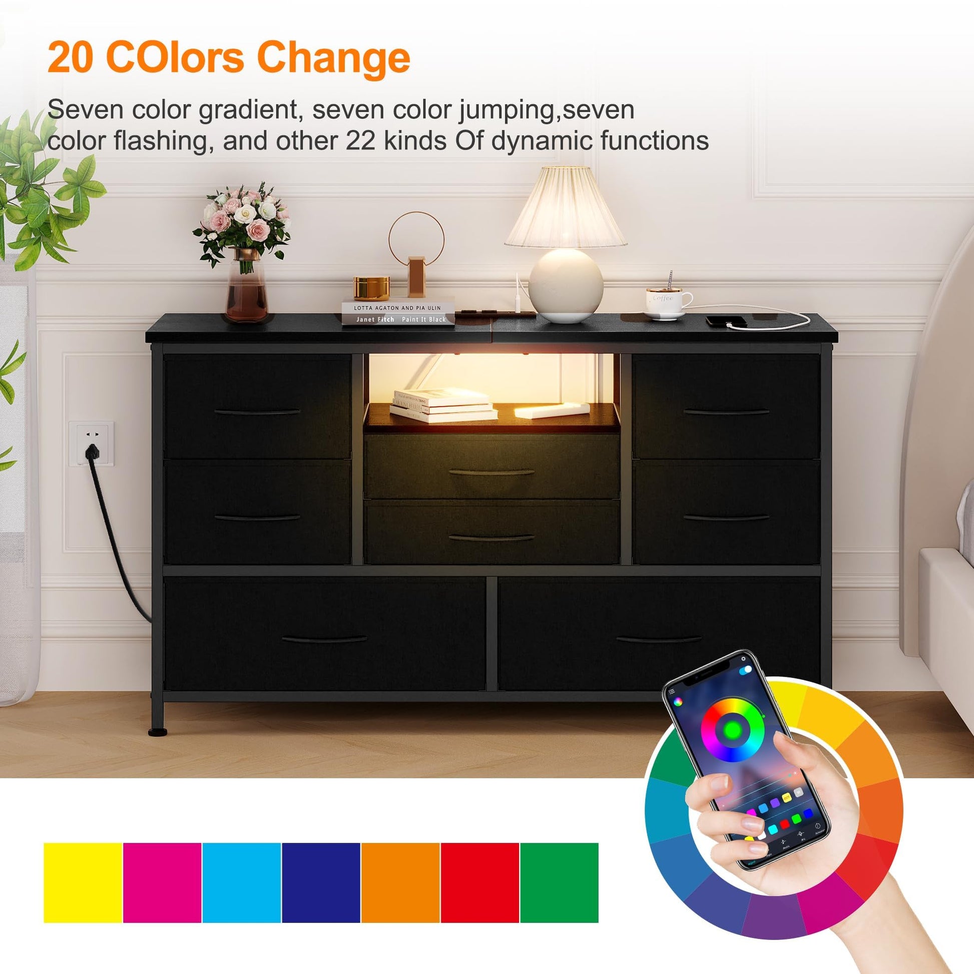 Cassettiera Garvee con 8 cassetti, 3 prese di corrente e 2 porte USB, mobile TV con luce LED per camera da letto, soggiorno, corridoio, 120 cm, nero