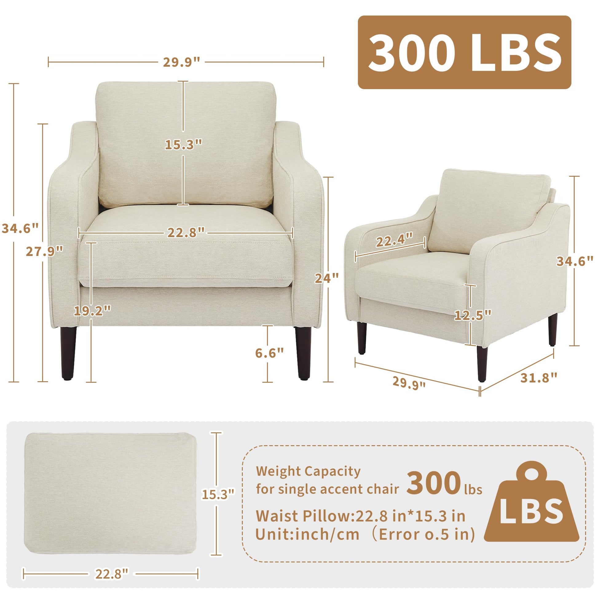 Poltrona Garvee Mid-Century, tessuto di lino, beige, per soggiorno e ufficio, 30"L x 32"A, comoda seduta in schiuma, struttura in legno