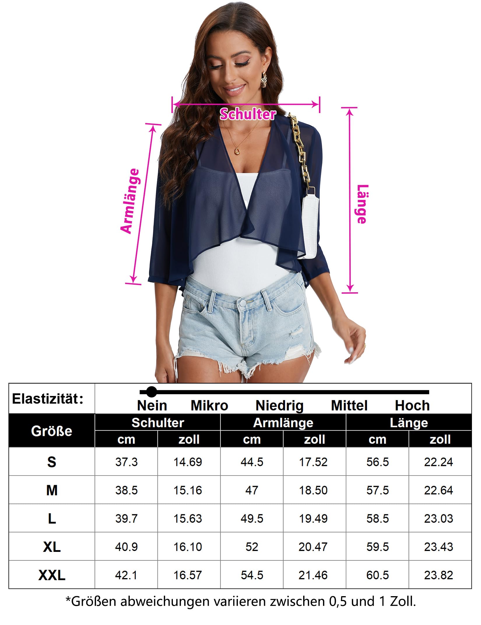 Garvee Bolero estivo da donna in chiffon, cardigan, manica 3/4, blu navy, elegante e leggero, taglia XL