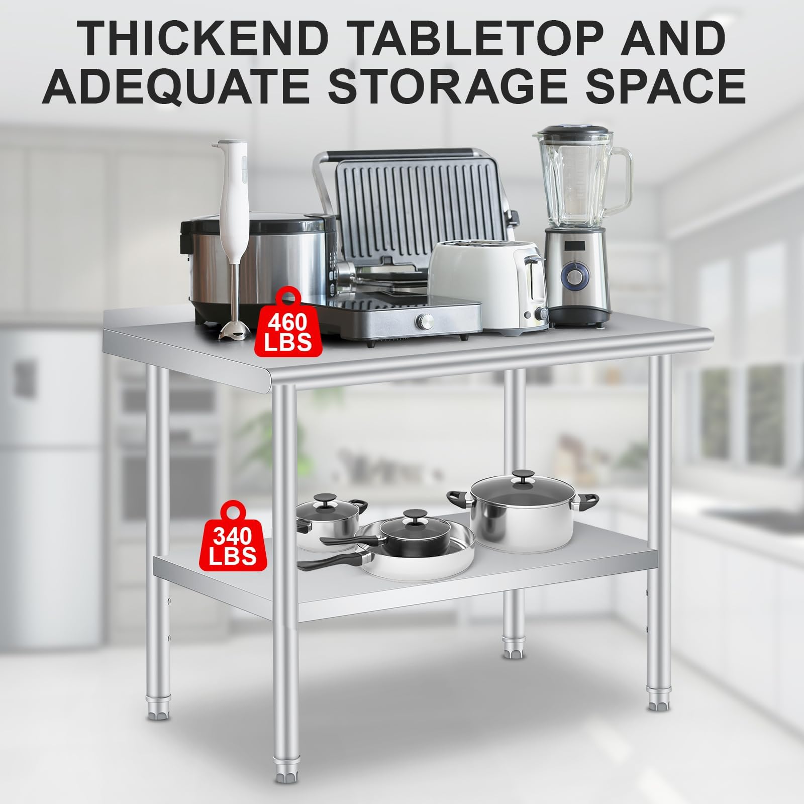 Tavolo da lavoro in acciaio inox Garvee 48x24" con pannello posteriore, base regolabile per ristoranti e casa, spessore 0,8 mm, robusto, antiscivolo